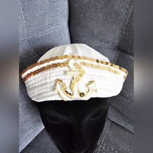 White Sailor Hat with Gold Anchor With Gold Sequins